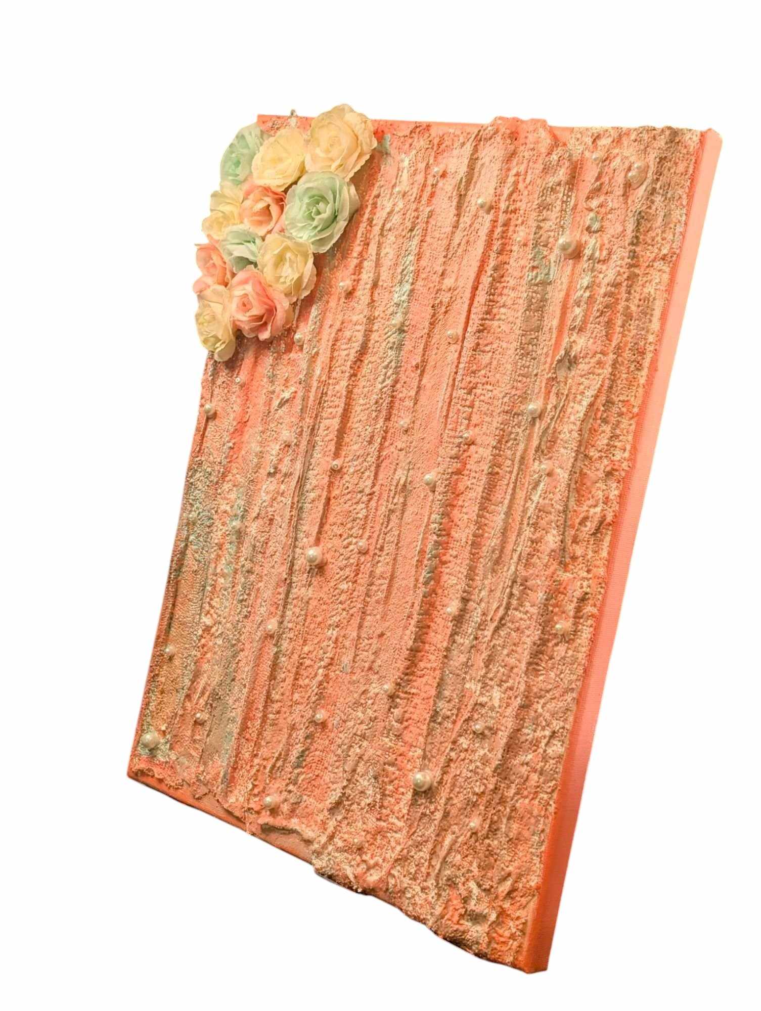 Textured Peach Colored Painting with Flowers and Pearls