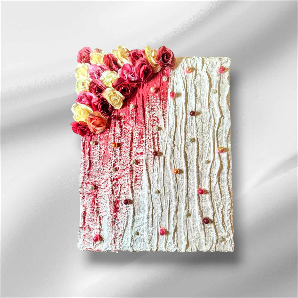 Textured White and Dark Pink painting with colored Pearls and Flowers