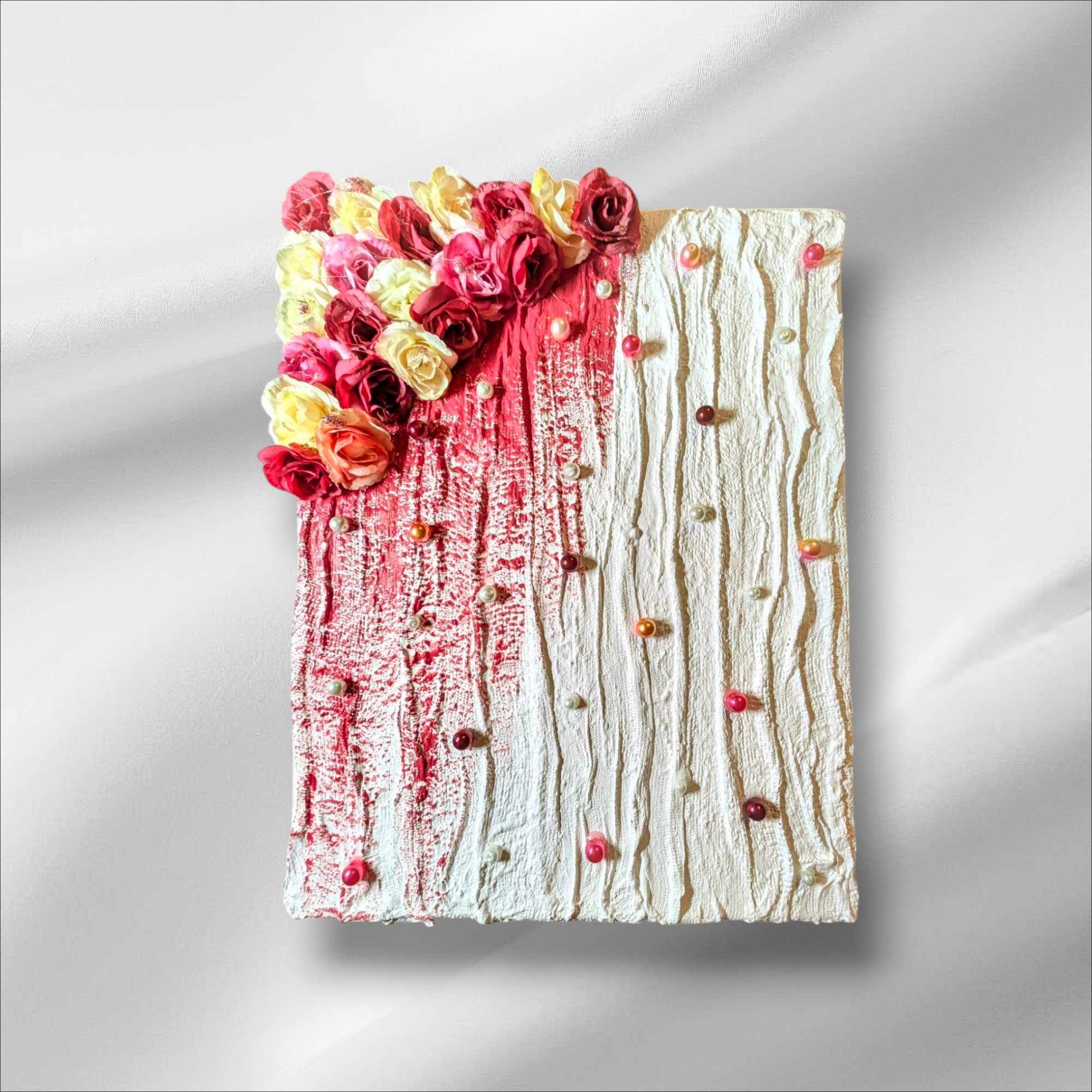 Textured White and Dark Pink painting with colored Pearls and Flowers