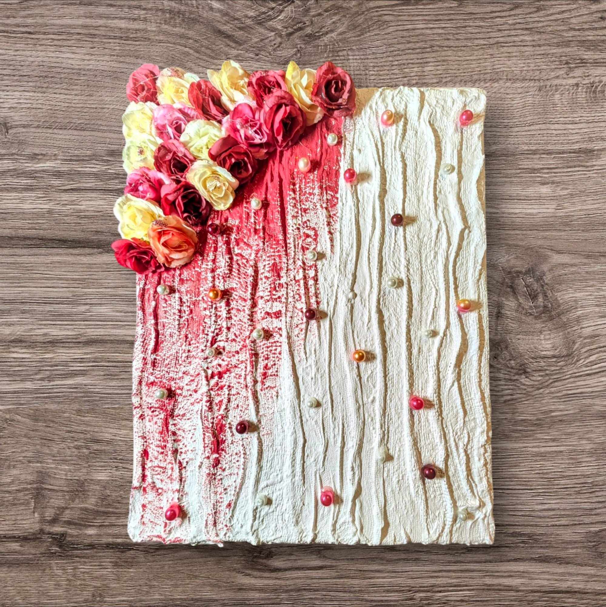 Textured White and Dark Pink painting with colored Pearls and Flowers