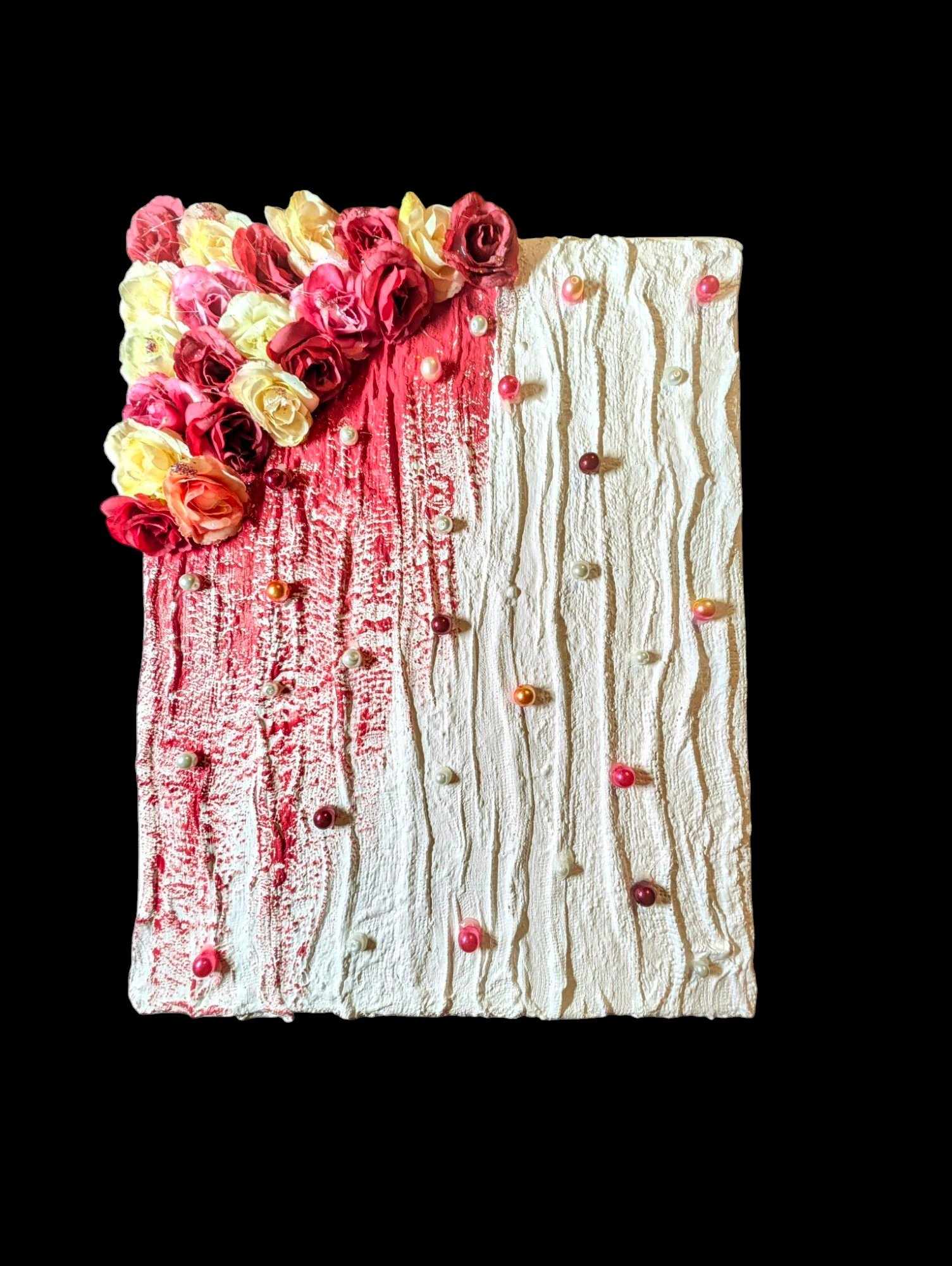 Textured White and Dark Pink painting with colored Pearls and Flowers
