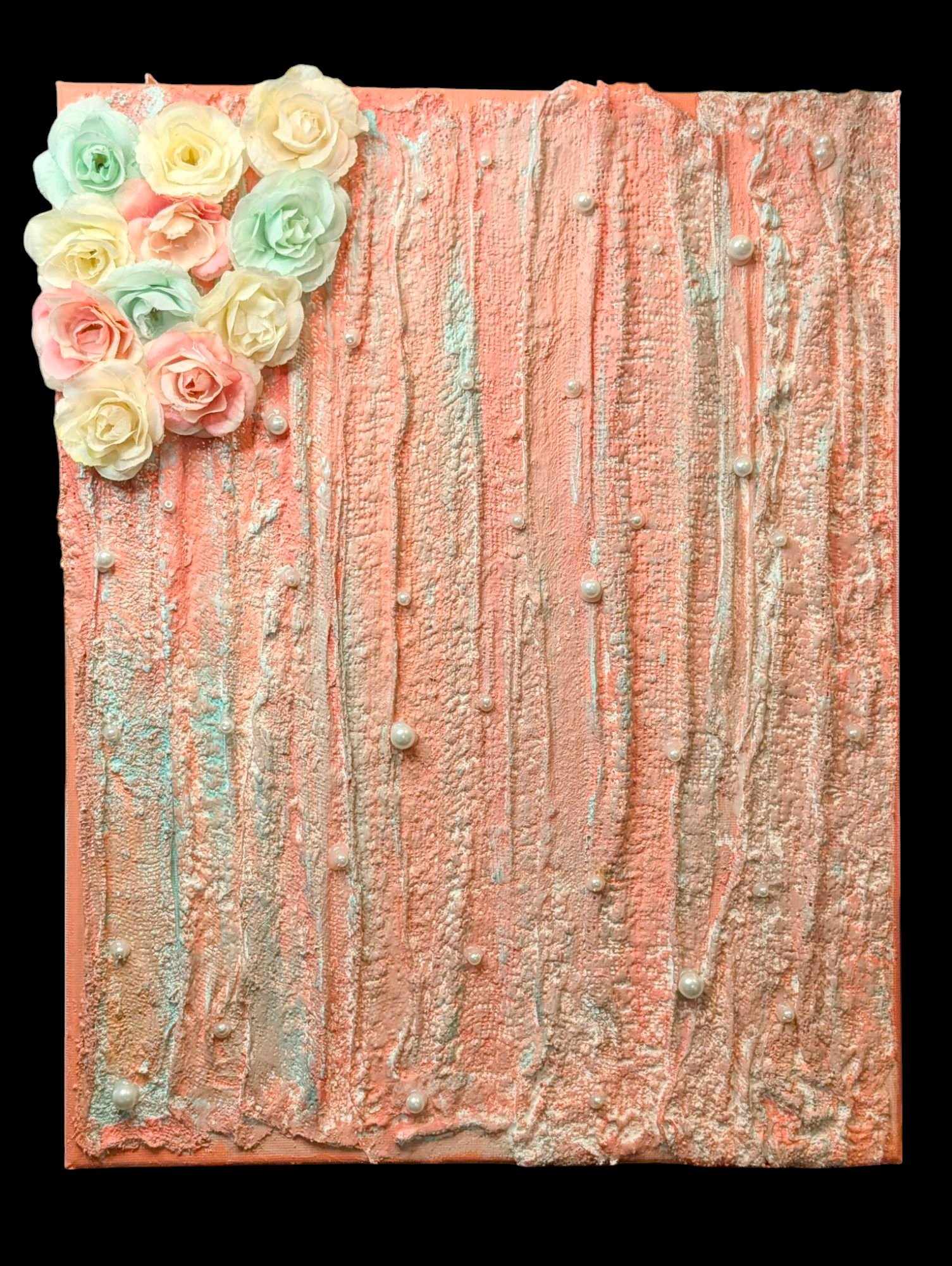 Textured Peach Colored Painting with Flowers and Pearls