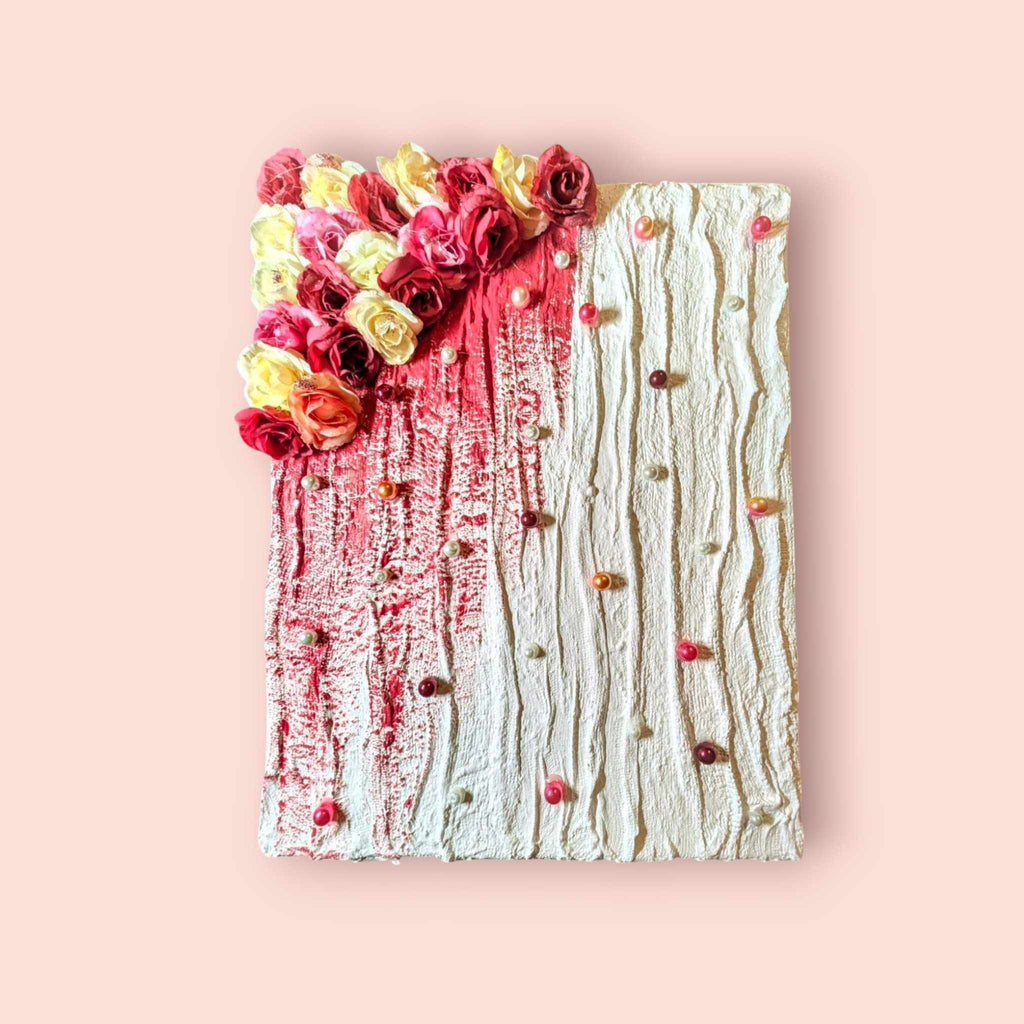 Textured White and Dark Pink painting with colored Pearls and Flowers