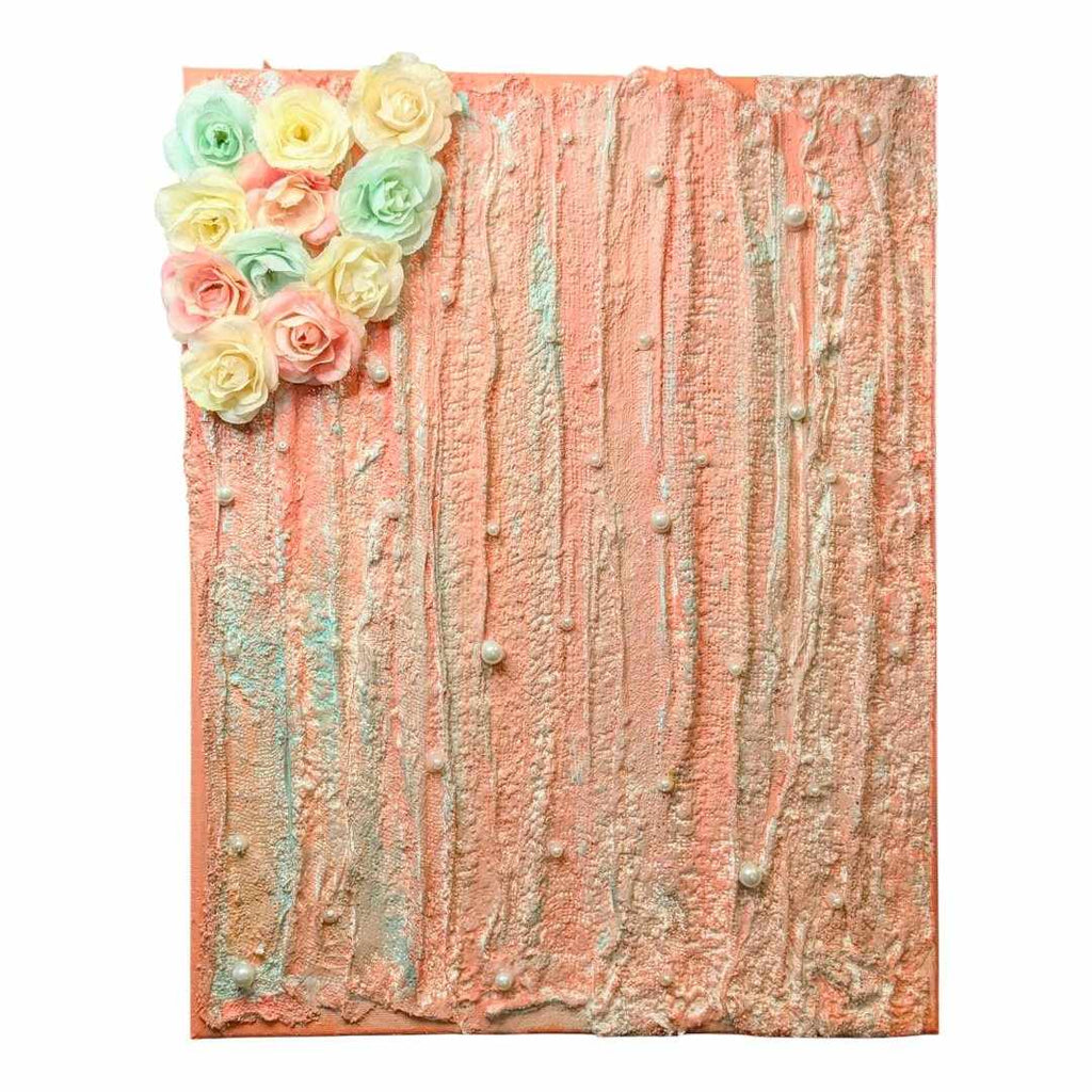 Textured Peach Colored Painting with Flowers and Pearls