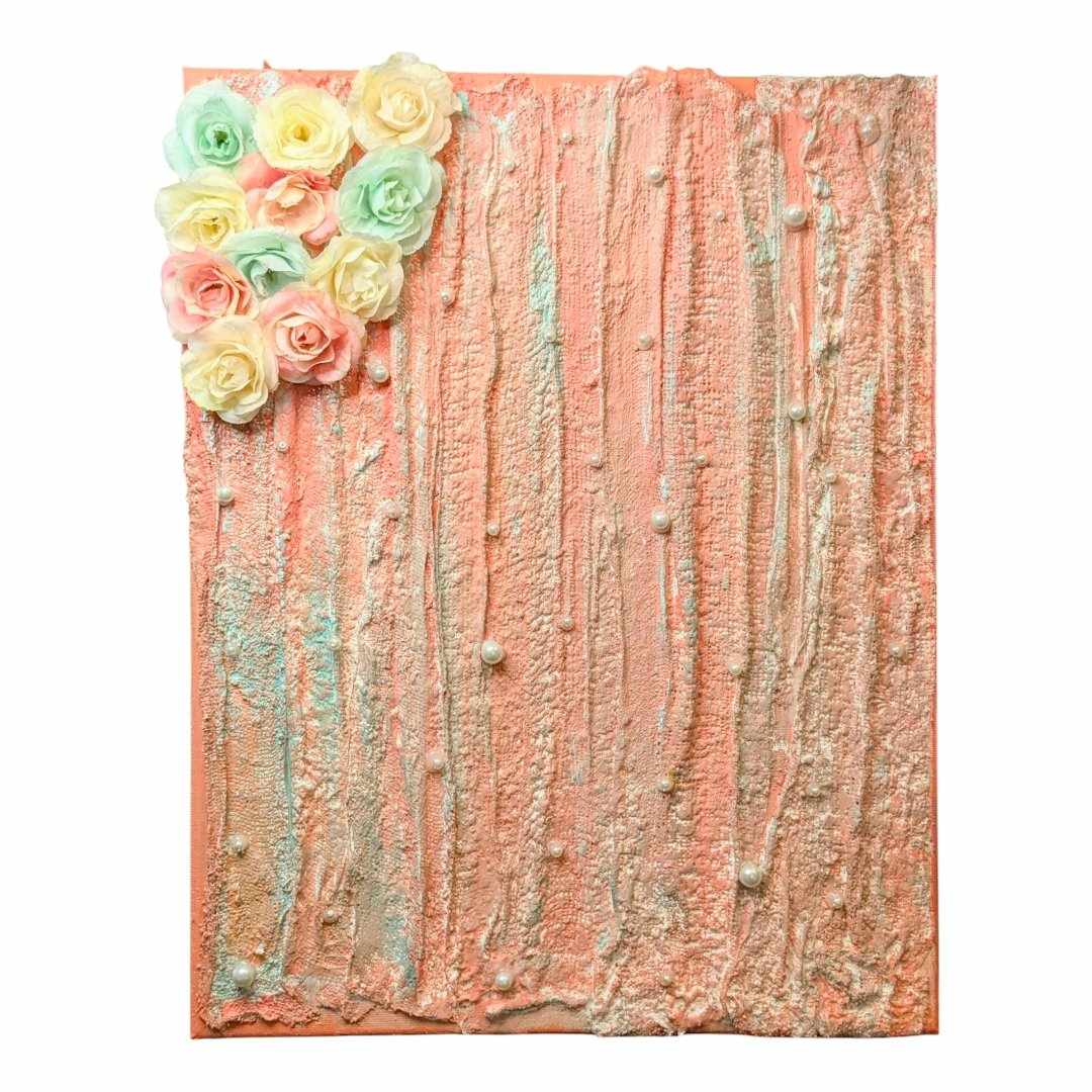 Textured Peach Colored Painting with Flowers and Pearls