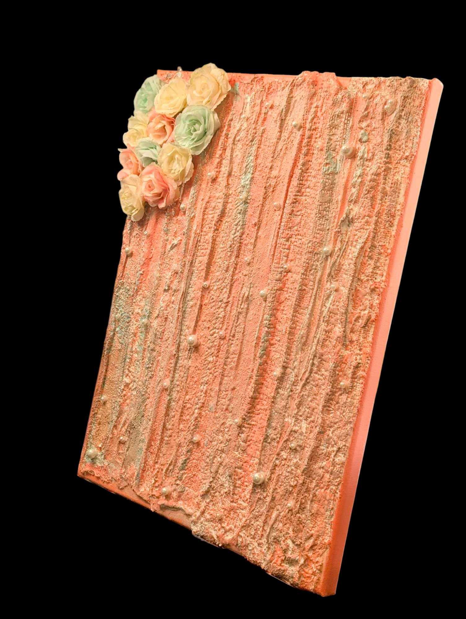 Textured Peach Colored Painting with Flowers and Pearls