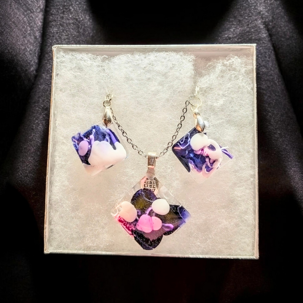 Playful Purple Clouds: Handcrafted Resin Jewelry Set