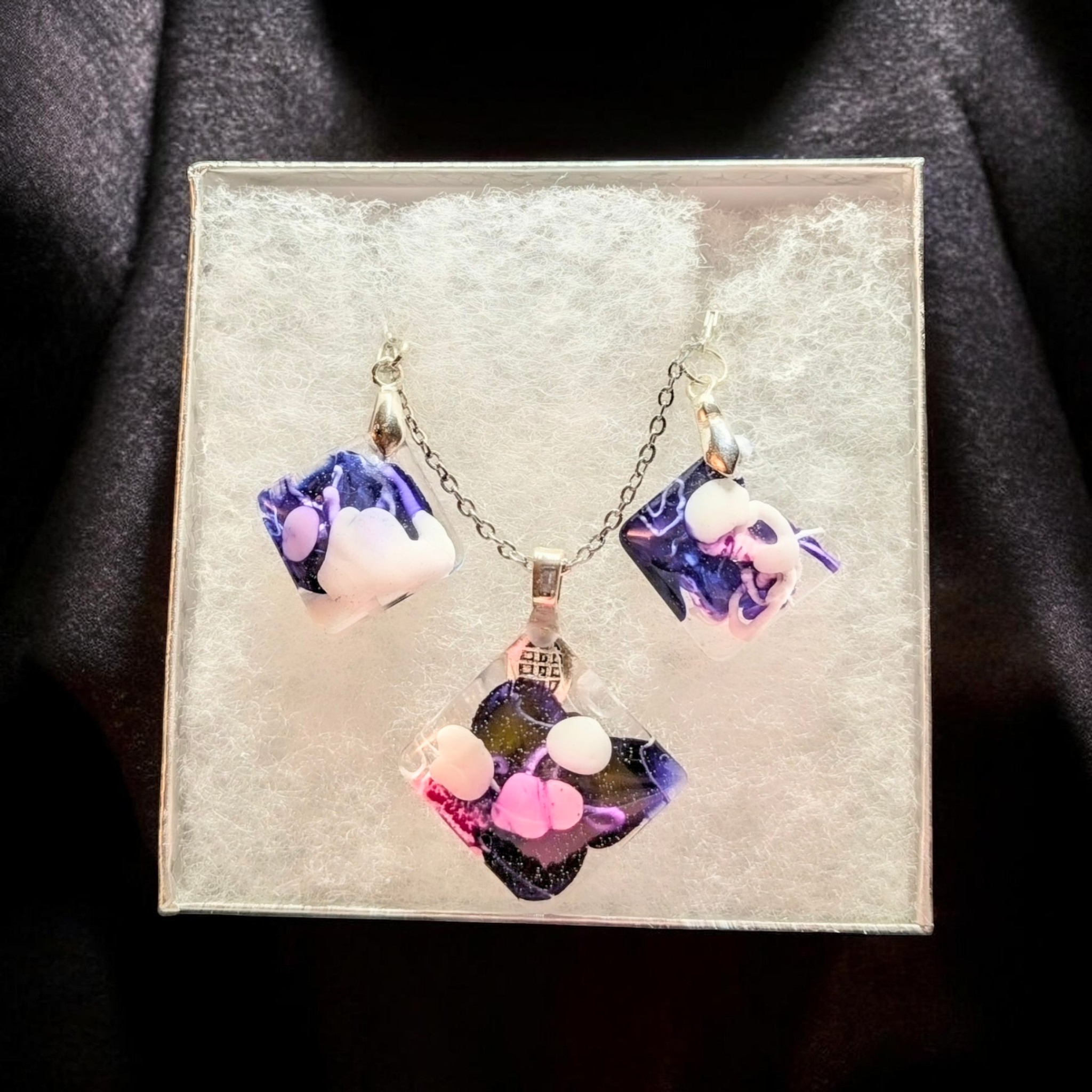 Playful Purple Clouds: Handcrafted Resin Jewelry Set