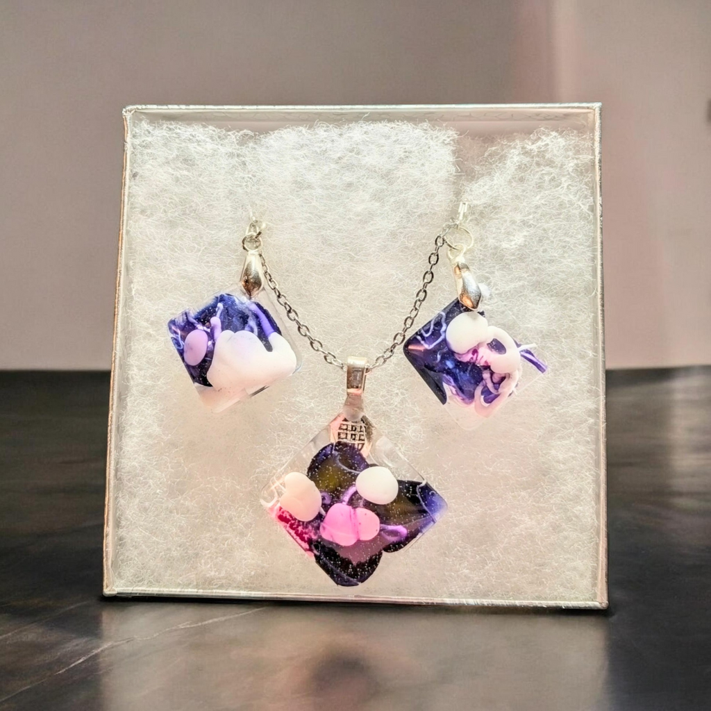 Playful Purple Clouds: Handcrafted Resin Jewelry Set