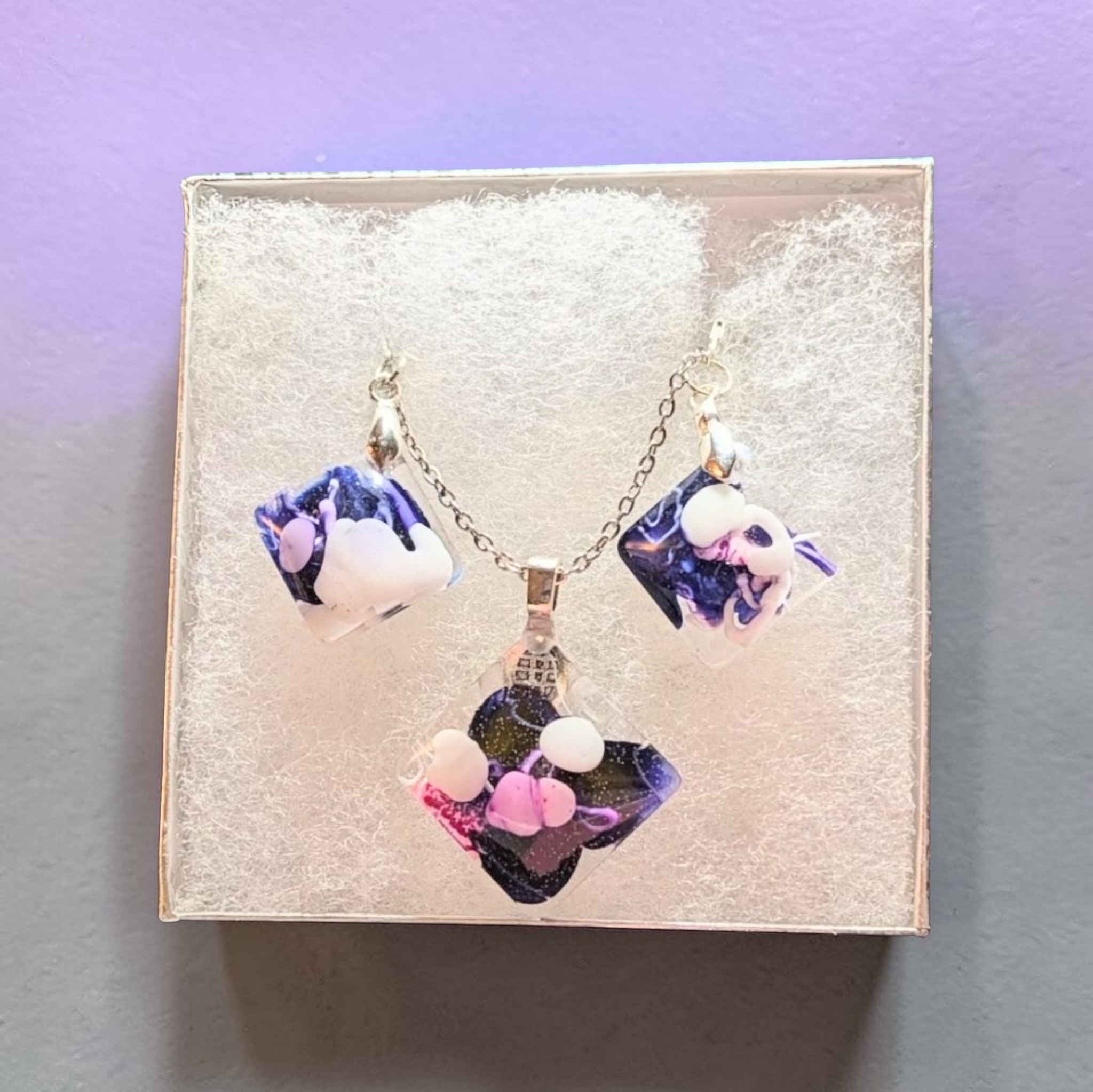 Playful Purple Clouds: Handcrafted Resin Jewelry Set