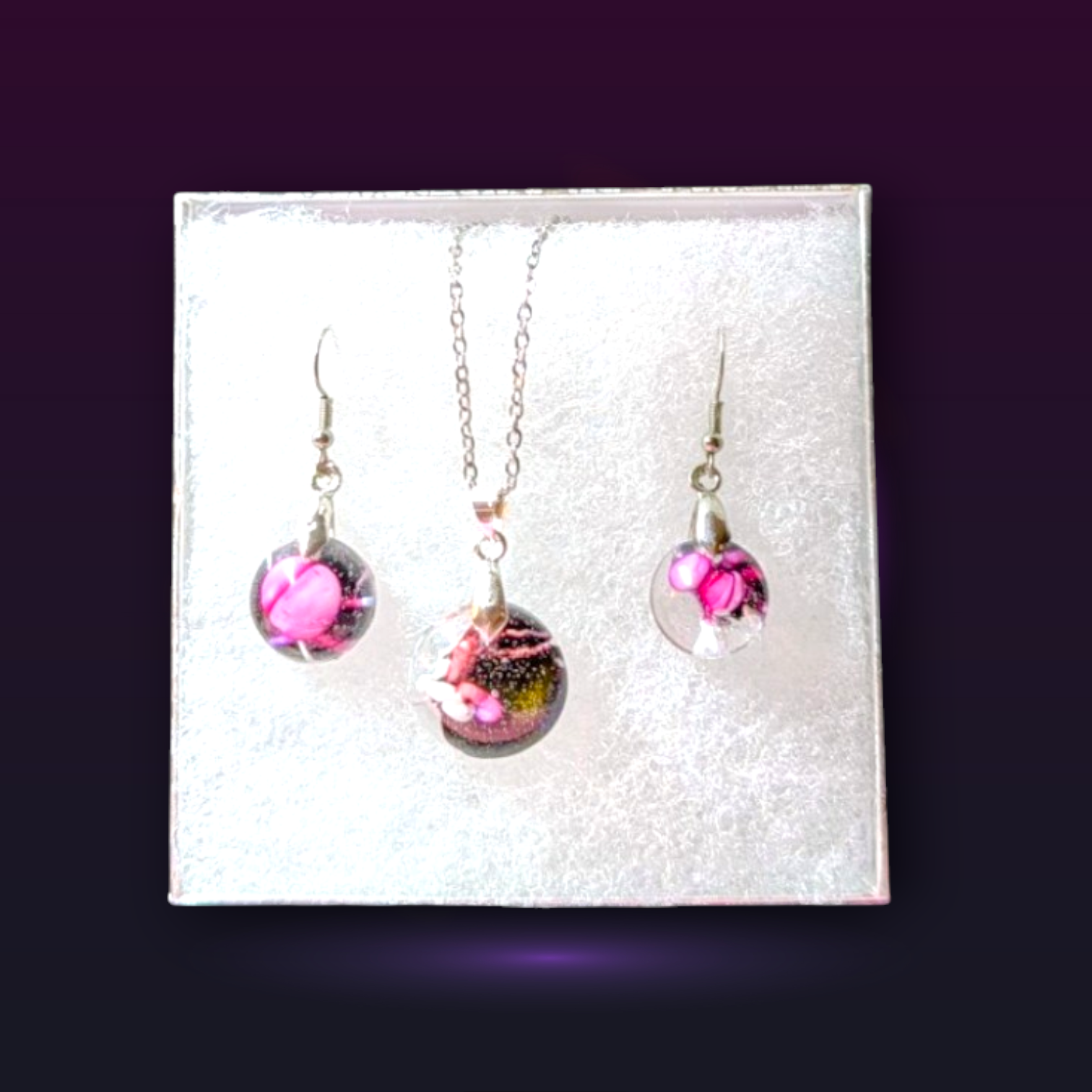 Frozen In Time Pink Aura: Handcrafted Resin Swirl Necklace &amp; Earring Set