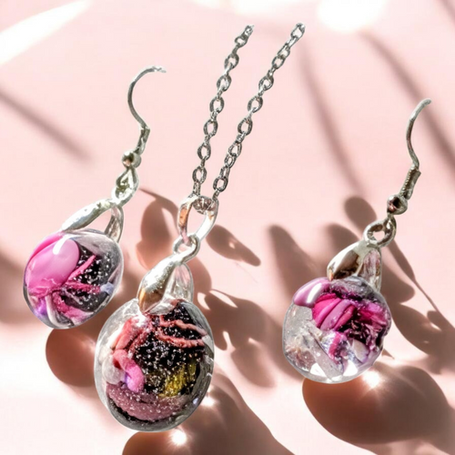 Frozen In Time Pink Aura: Handcrafted Resin Swirl Necklace &amp; Earring Set