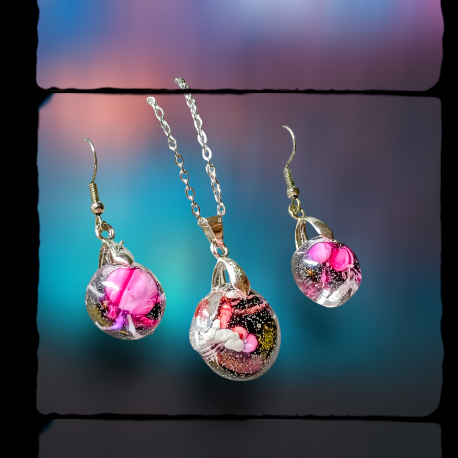 Frozen In Time Pink Aura: Handcrafted Resin Swirl Necklace &amp; Earring Set