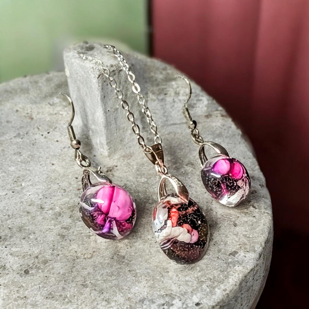 Frozen In Time Pink Aura: Handcrafted Resin Swirl Necklace &amp; Earring Set