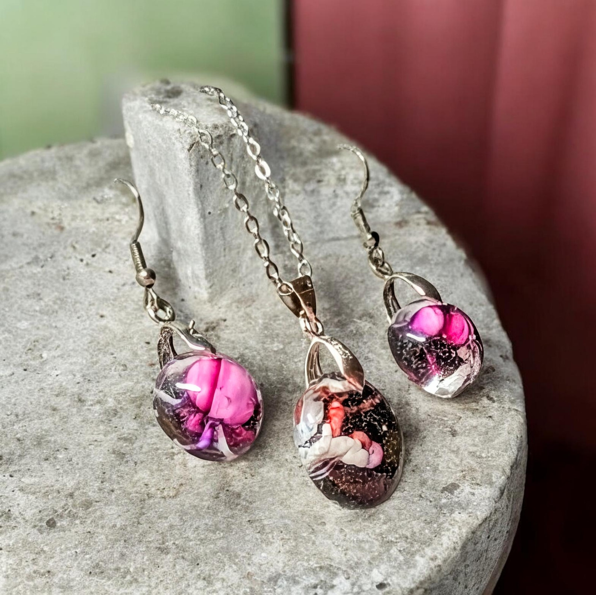Frozen In Time Pink Aura: Handcrafted Resin Swirl Necklace &amp; Earring Set