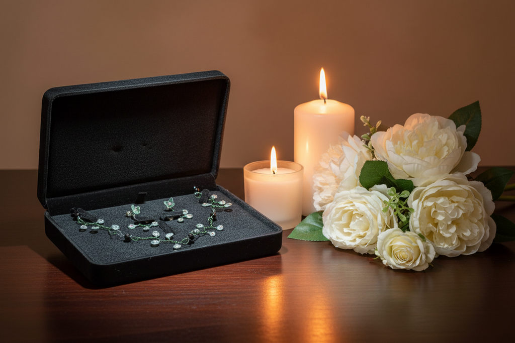 Jewelry set with necklace and earrings in a black jewelry box