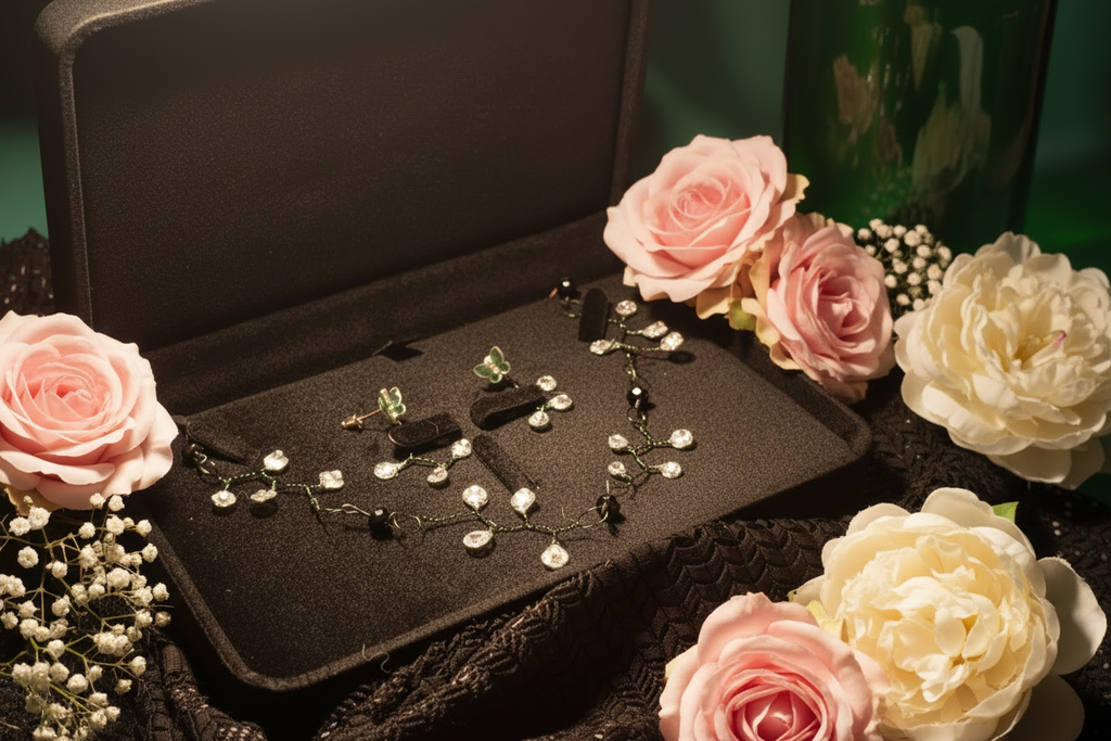Elegant Jewelry set in a black velvet jewelry box