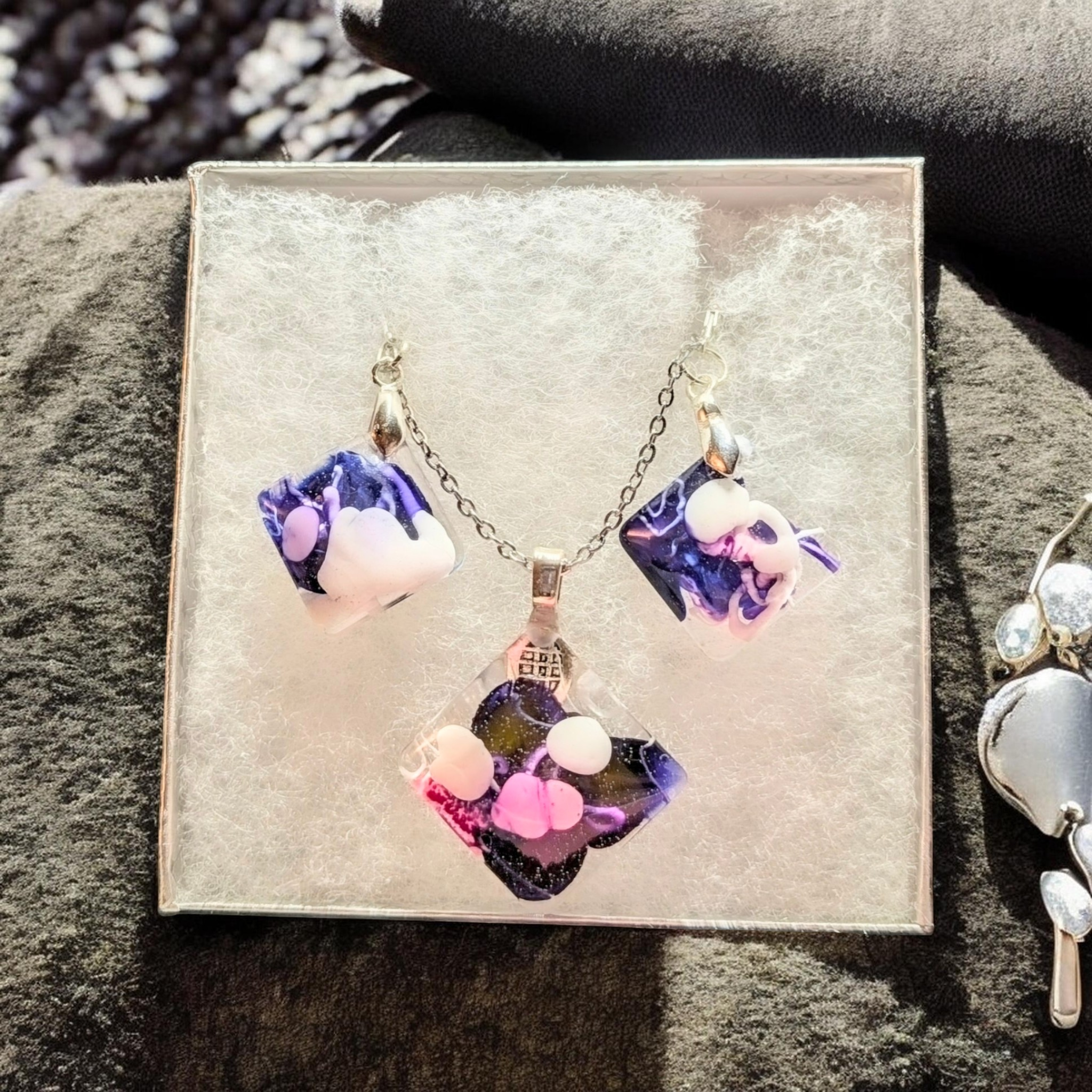 Playful Purple Clouds: Handcrafted Resin Jewelry Set