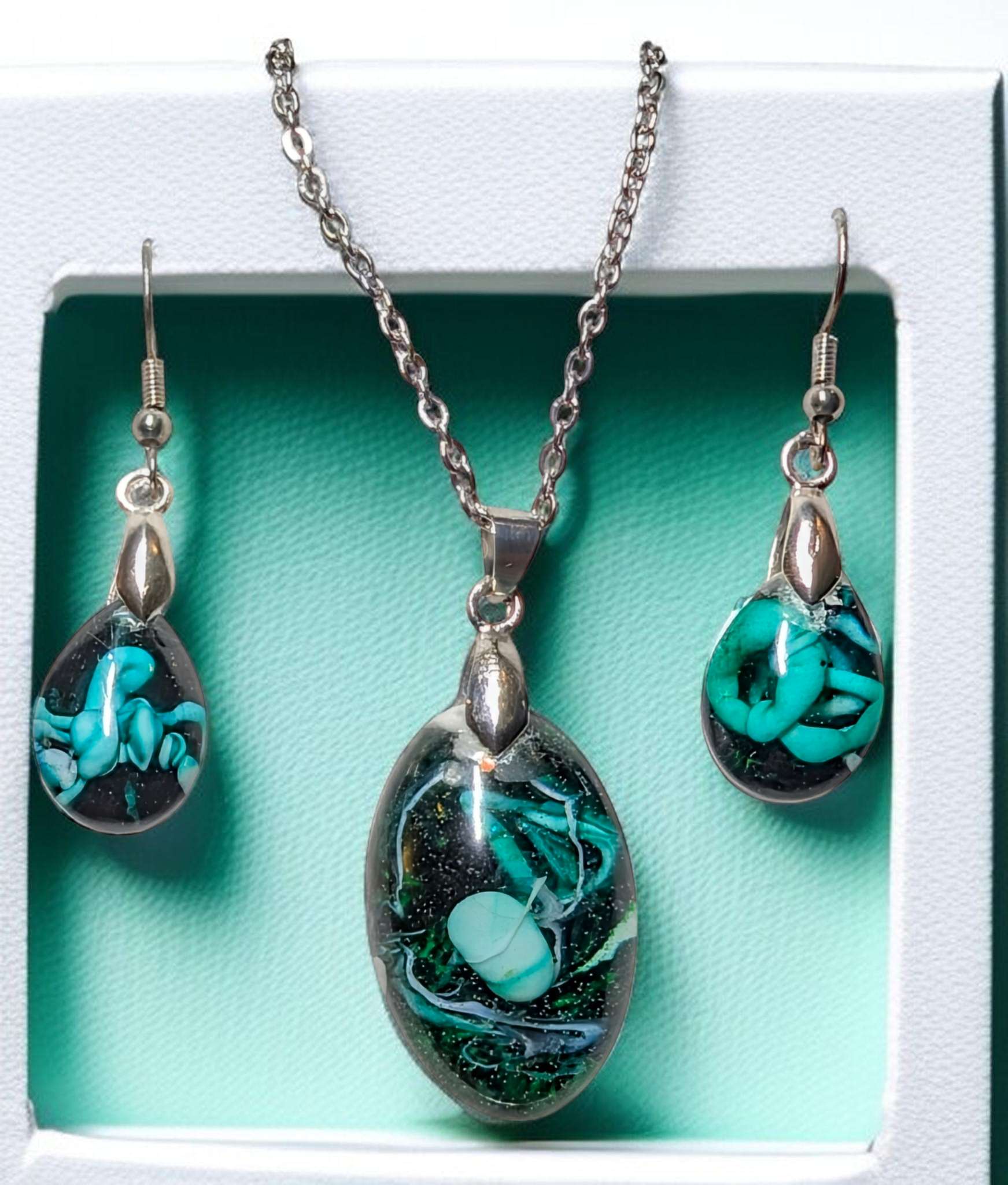 Frozen In Time Teal Aura: Handcrafted Resin Swirl Necklace &amp; Earring Set