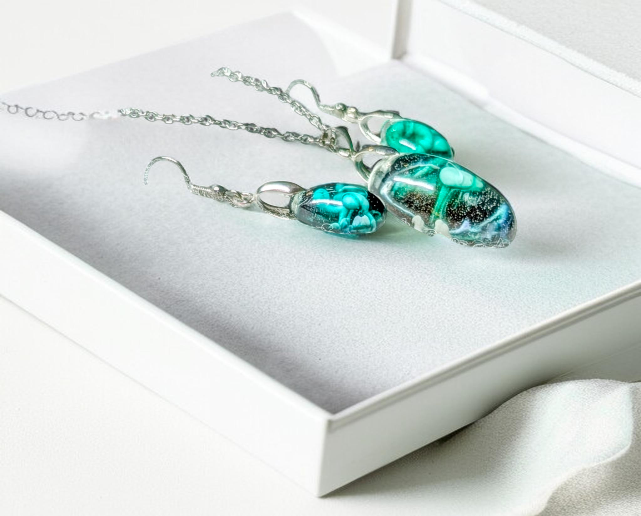 Frozen In Time Teal Aura: Handcrafted Resin Swirl Necklace &amp; Earring Set