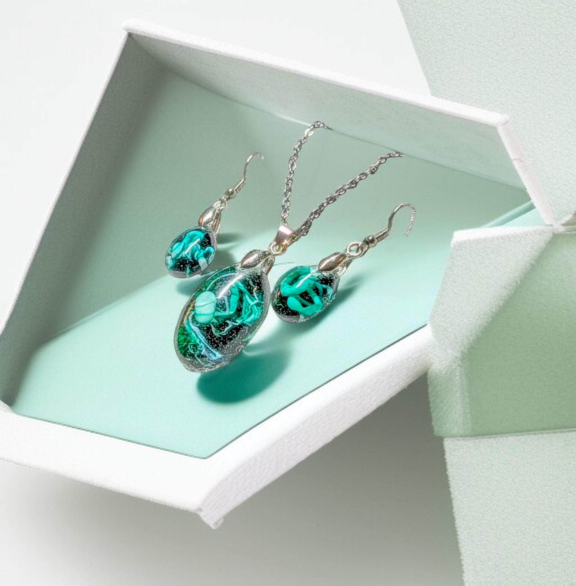 Frozen In Time Teal Aura: Handcrafted Resin Swirl Necklace &amp; Earring Set