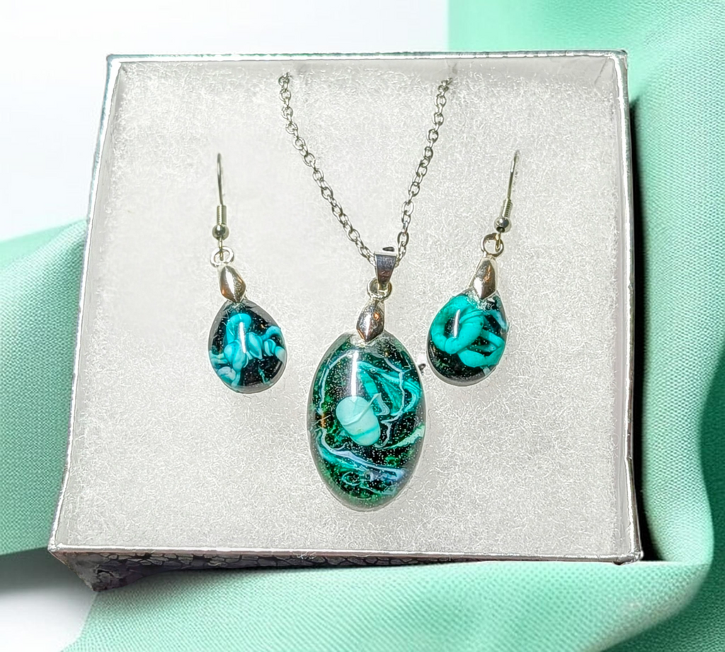 Frozen In Time Teal Aura: Handcrafted Resin Swirl Necklace &amp; Earring Set