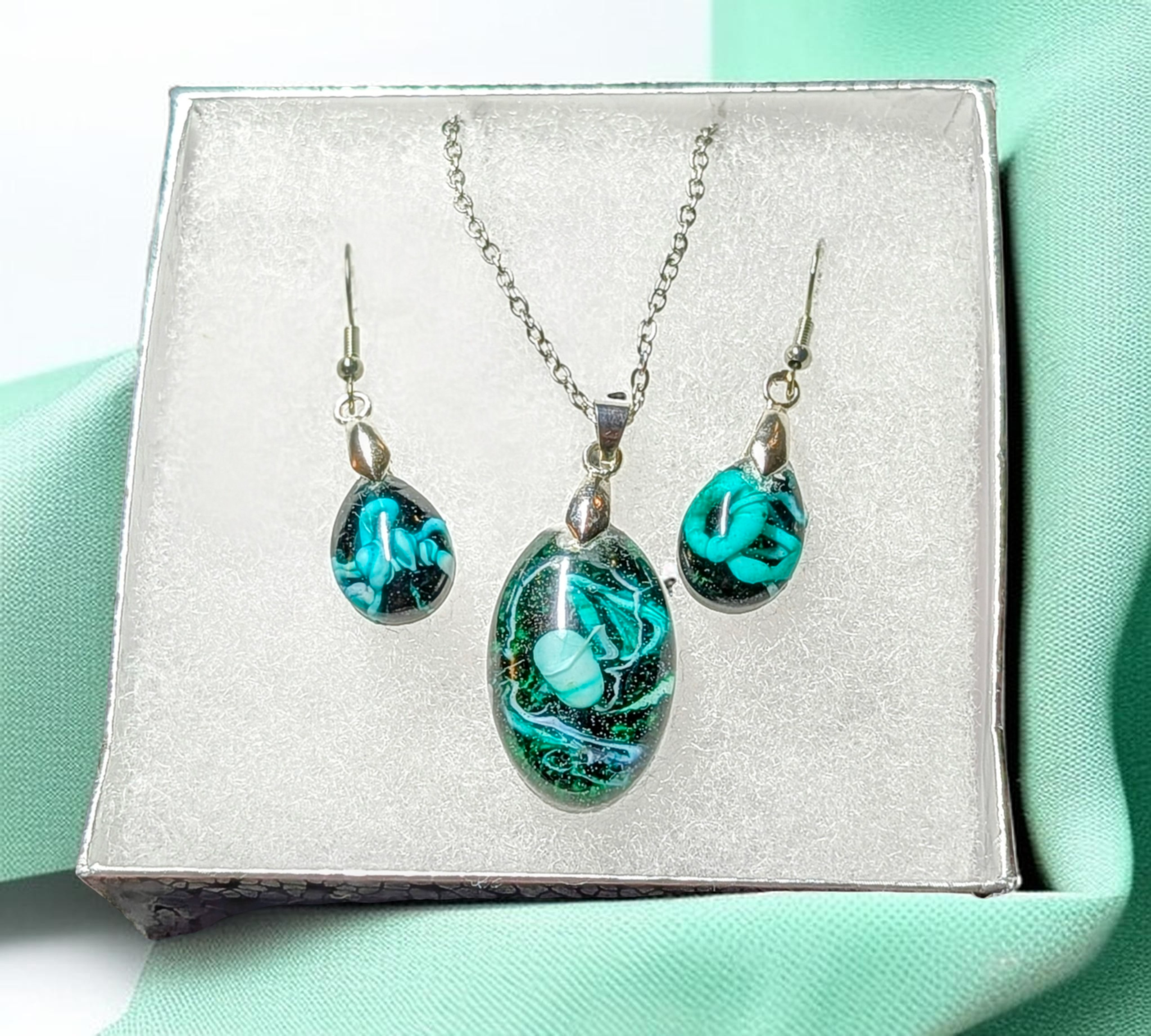 Frozen In Time Teal Aura: Handcrafted Resin Swirl Necklace &amp; Earring Set